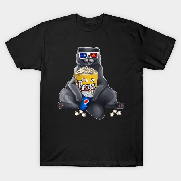 Movie lover cat with popcorn and 3d glasses T-Shirt by Meakm